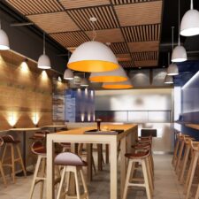 Pop up restaurant showing tables and stools Pop up restaurant showing contract furniture tables and stools